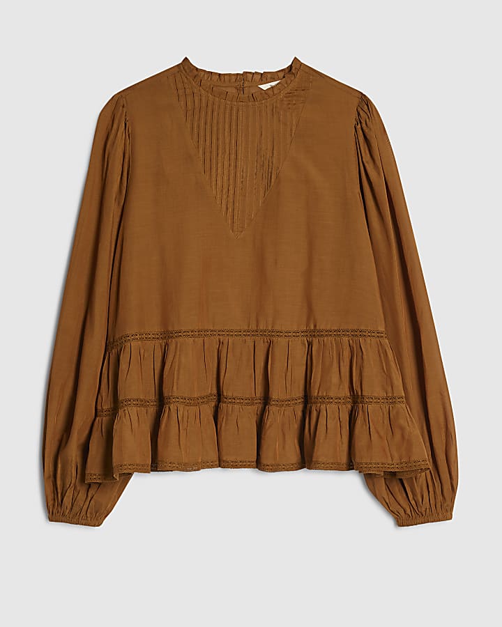 Brown Long Sleeve Lace Detail Smock Top