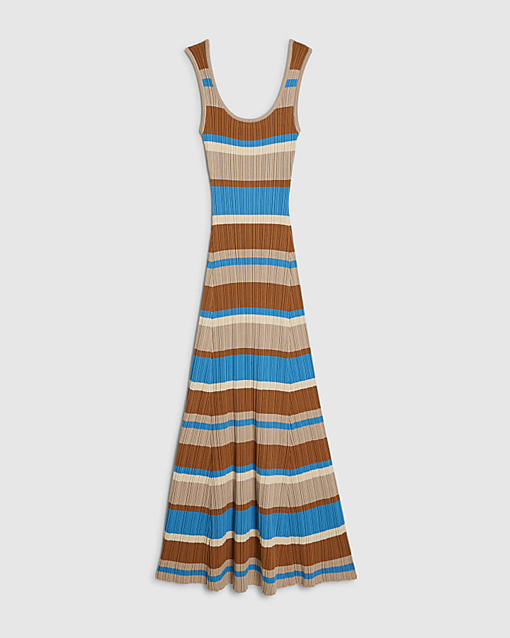 Brown Knitted Striped Maxi Dress