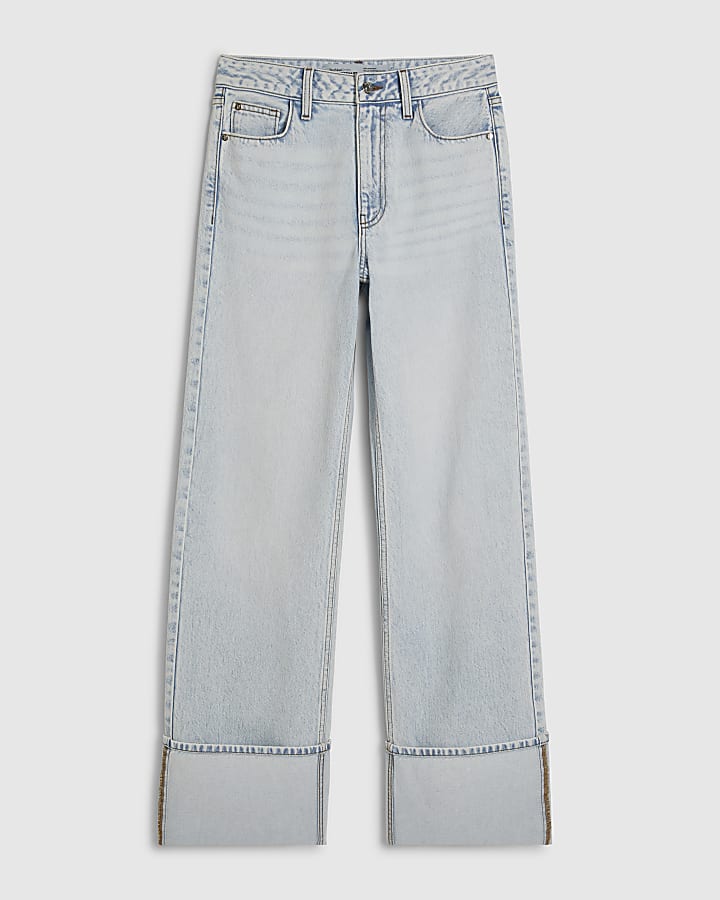 Blue Relaxed Straight Turn Up Hem Jeans