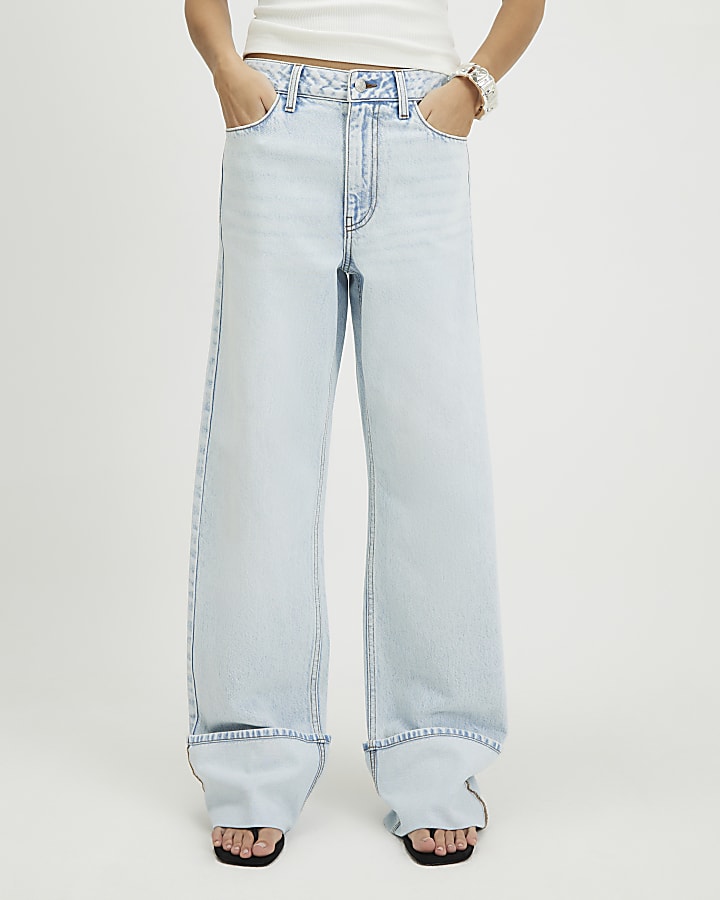 Blue Relaxed Straight Turn Up Hem Jeans
