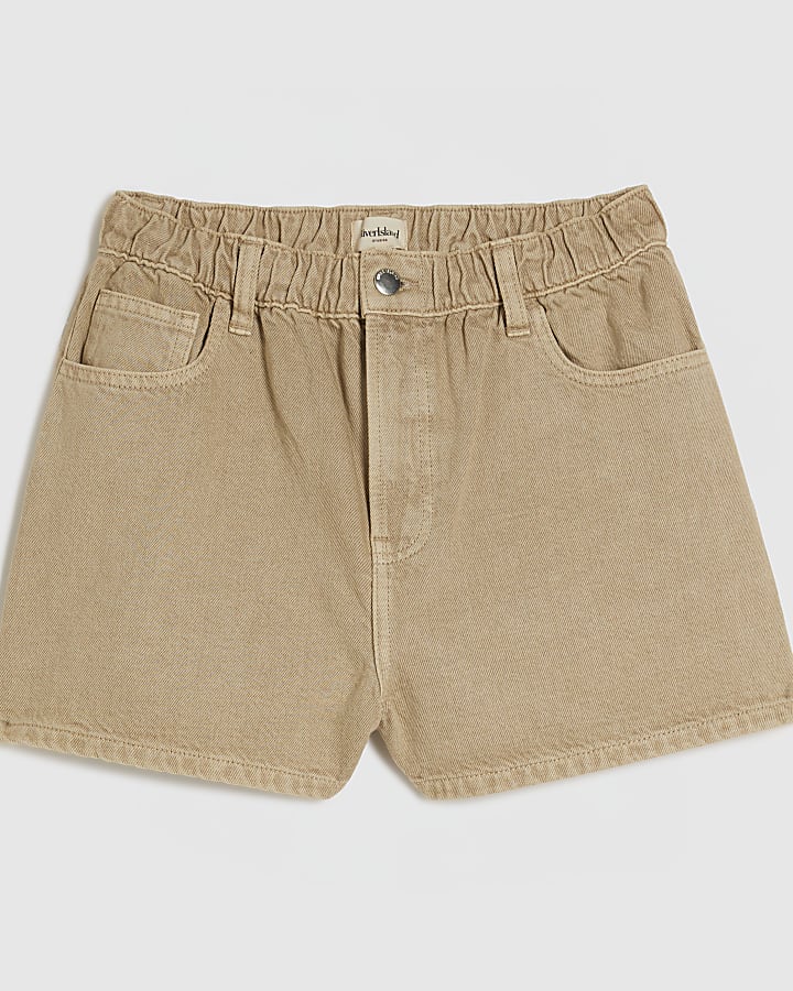 Beige Elasticated A Line Denim Shorts