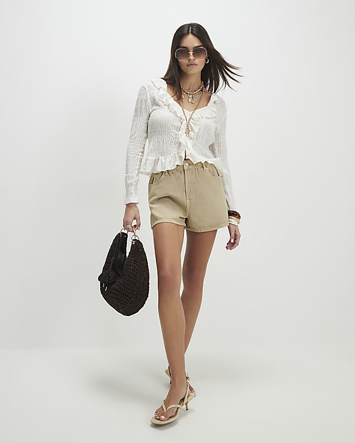 Beige Elasticated A Line Denim Shorts
