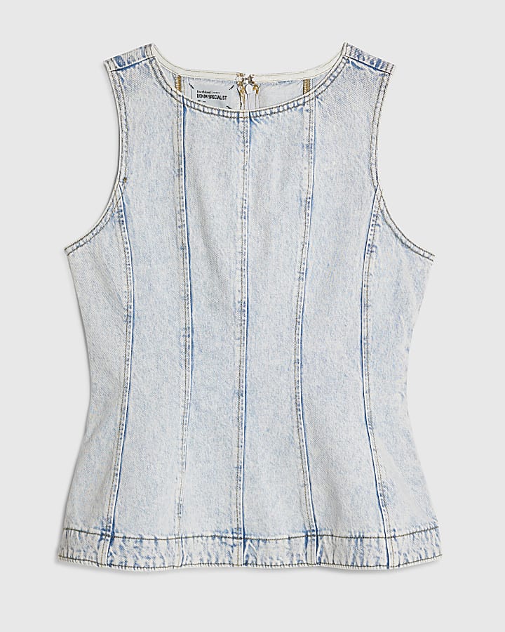 Blue Denim Seamed Peplum Top