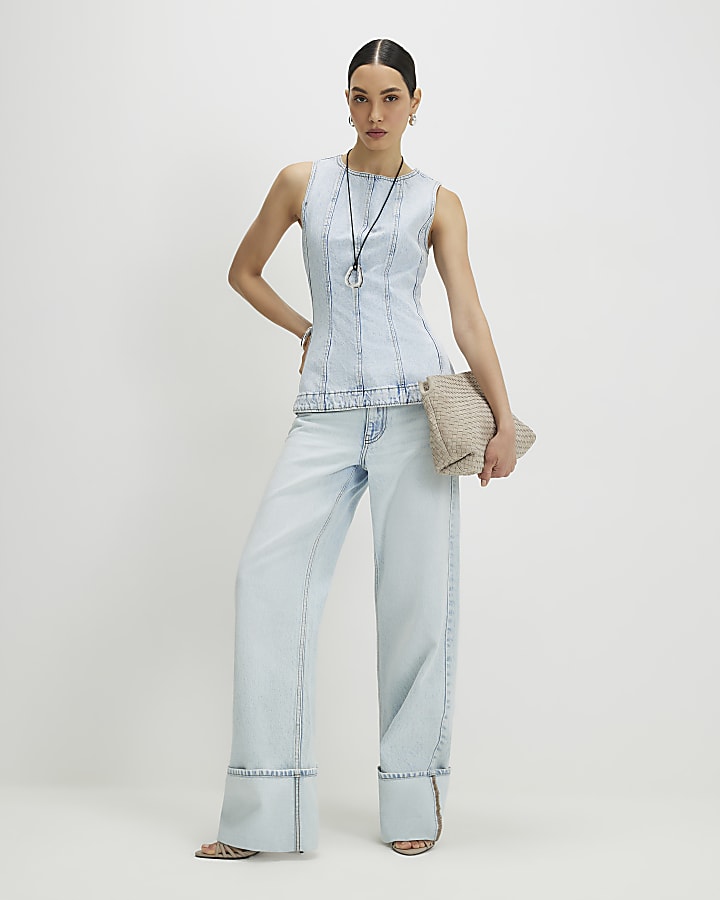 Blue Denim Seamed Peplum Top