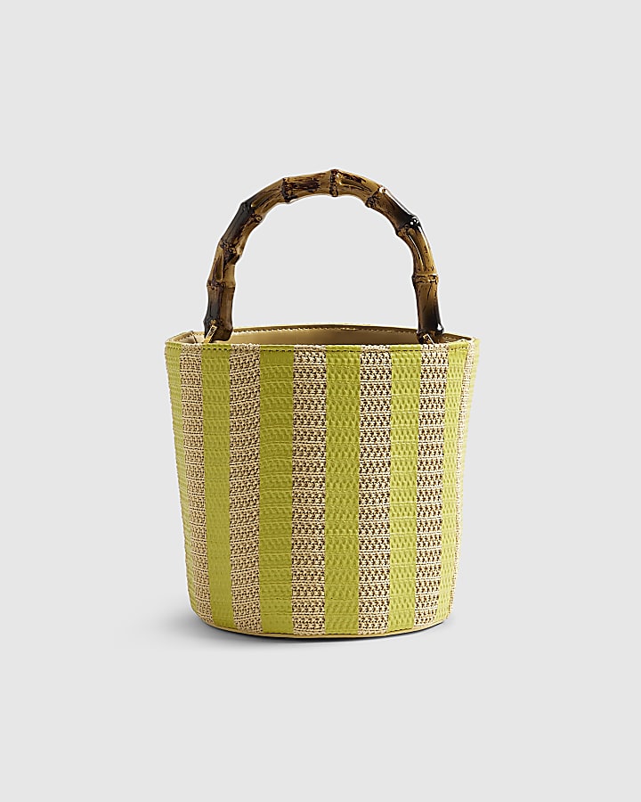 Beige Striped Embroidered Bucket Bag