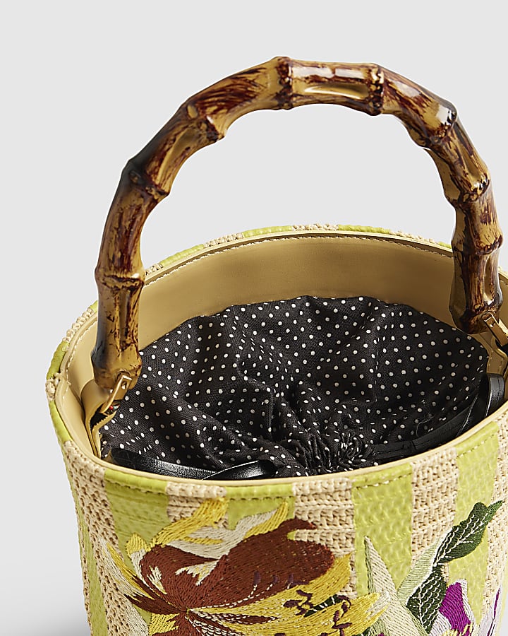 Beige Striped Embroidered Bucket Bag