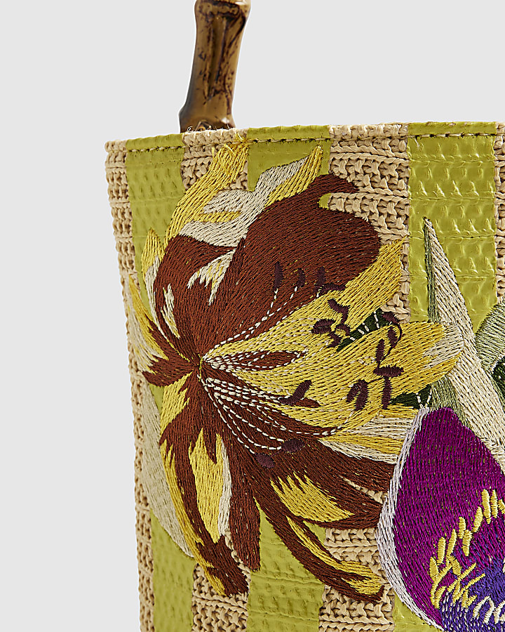 Beige Striped Embroidered Bucket Bag