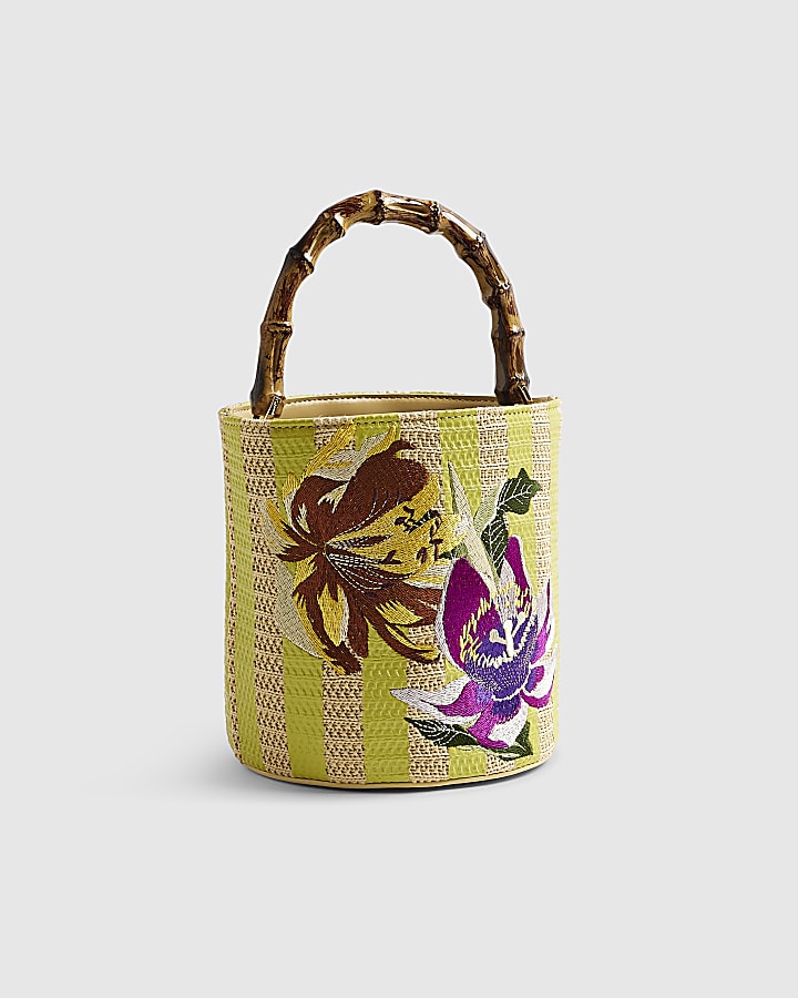 Beige Striped Embroidered Bucket Bag