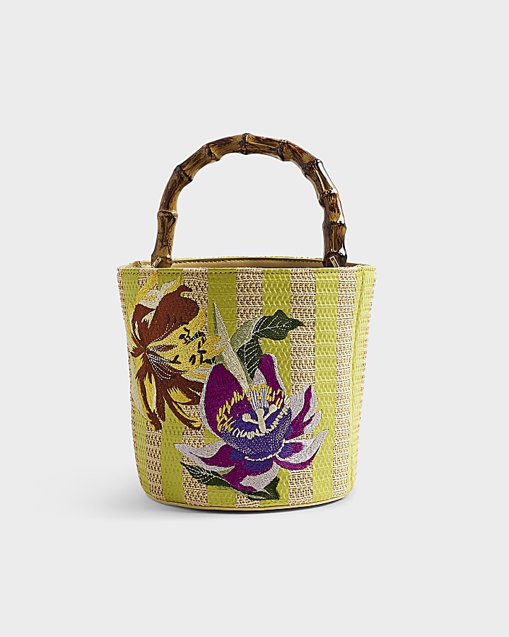 Beige Striped Embroidered Bucket Bag