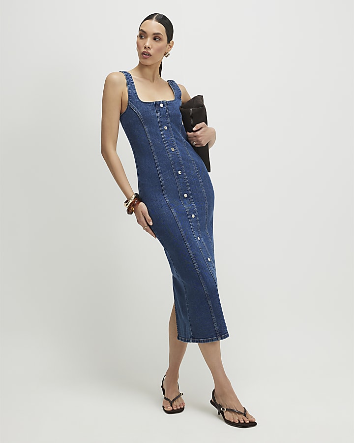 Blue Bodycon Denim Midi Dress