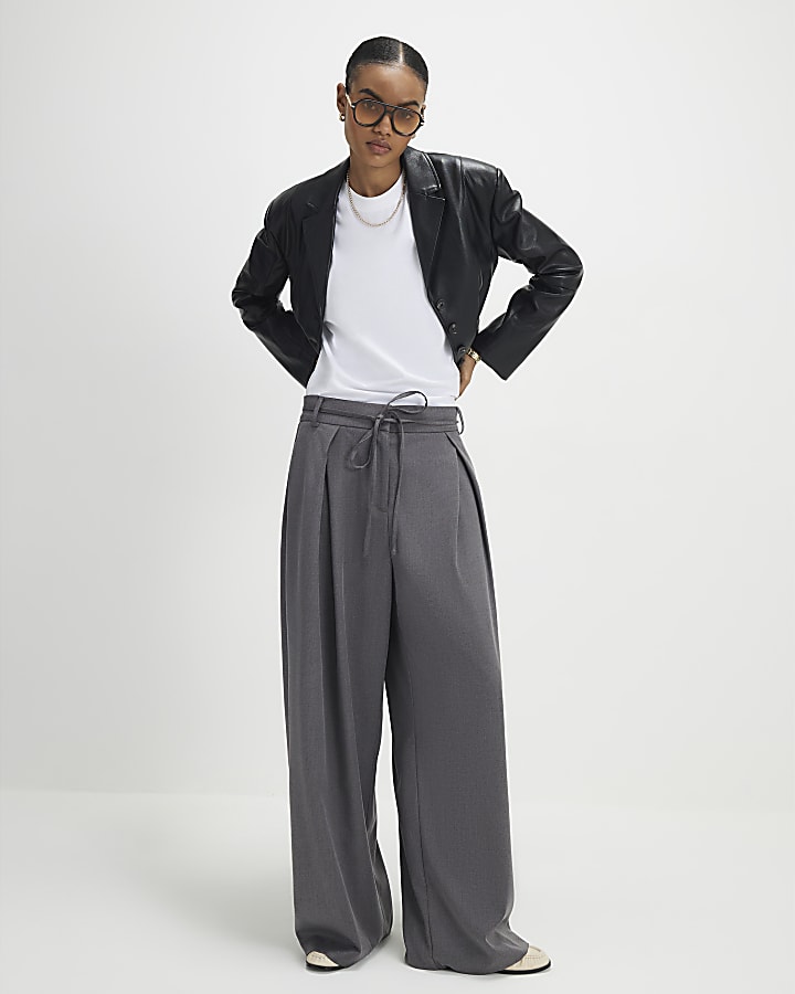 Grey Tie Front High Waisted Trouser