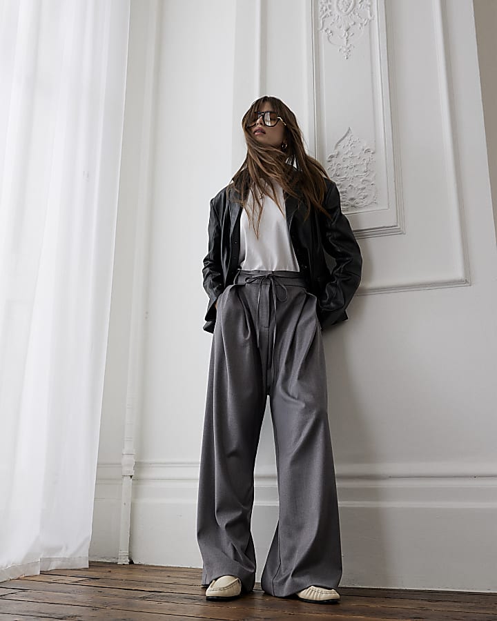 Grey Tie Front High Waisted Trouser