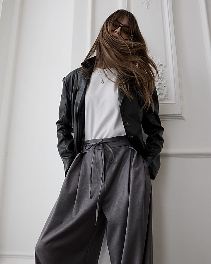 Grey Tie Front High Waisted Trouser