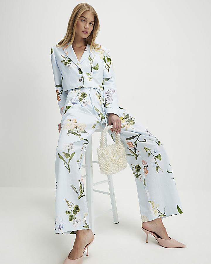 Blue Floral Wide Leg Trousers
