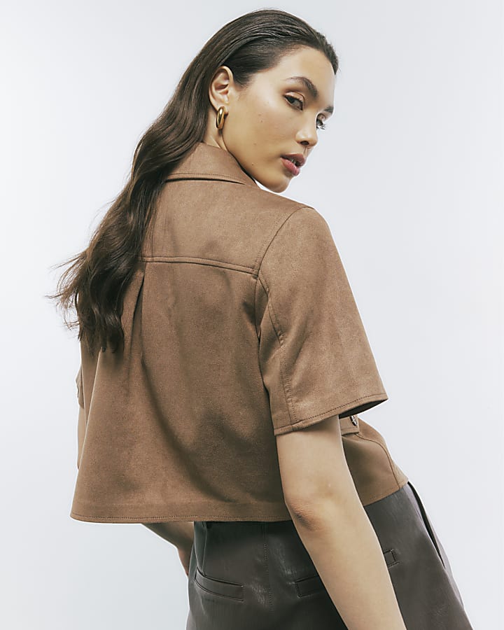 Beige Faux Suede Pocket Detail Shirt