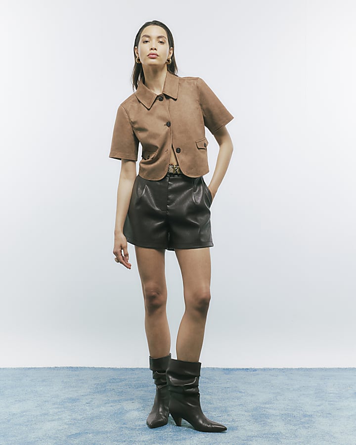 Beige Faux Suede Pocket Detail Shirt