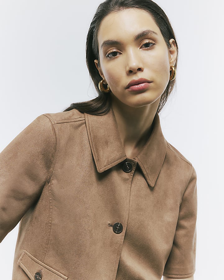 Beige Faux Suede Pocket Detail Shirt