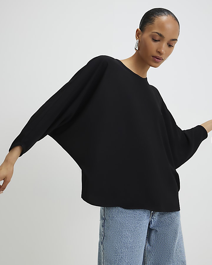 Black Long Sleeve Batwing Top