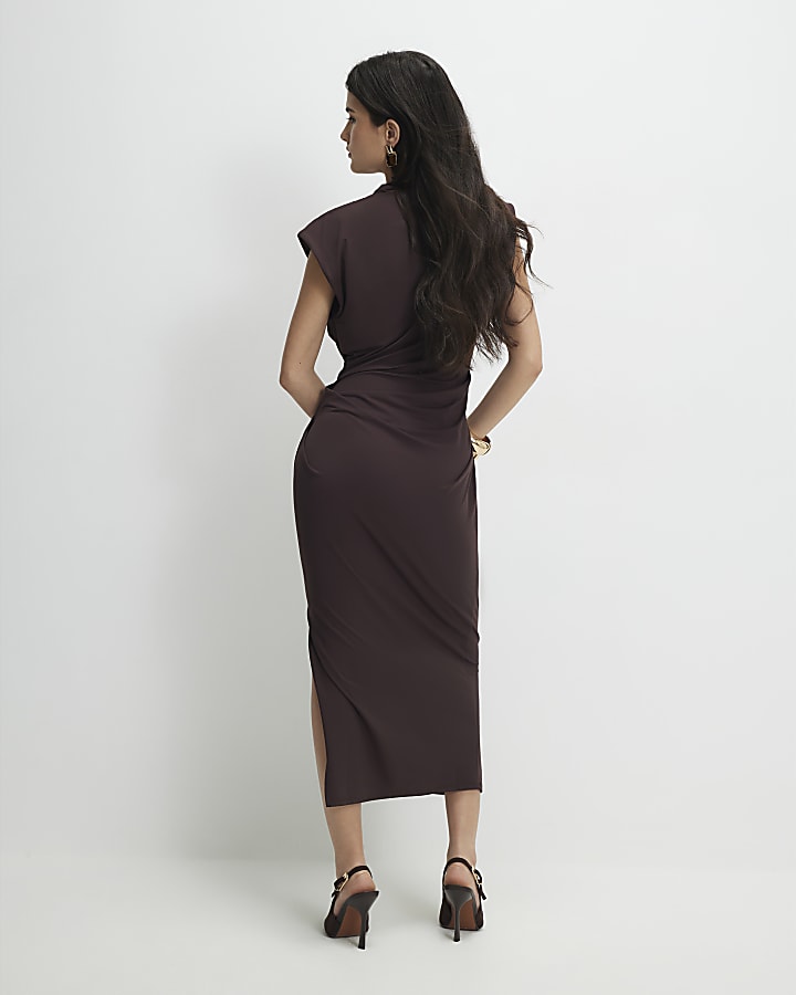 Petite Brown High Neck Ruched Midi Dress