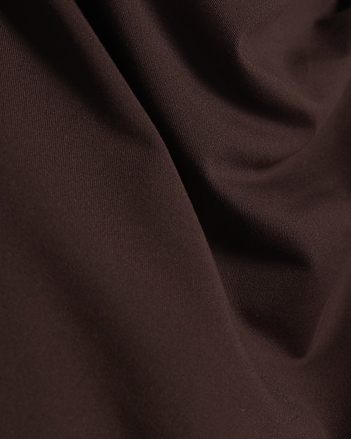 Petite Brown High Neck Ruched Midi Dress