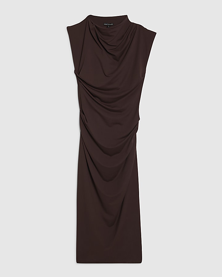 Petite Brown High Neck Ruched Midi Dress
