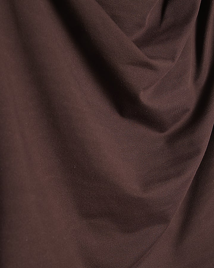 Brown High Neck Ruched Midi Dress