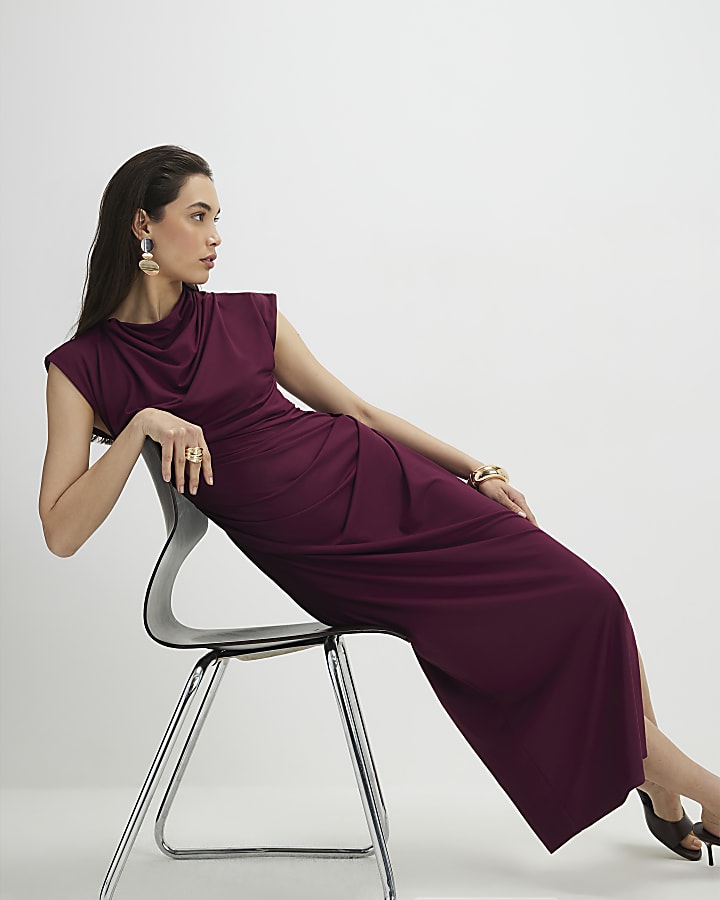 Red Sleeveless Ruched Midi Dress