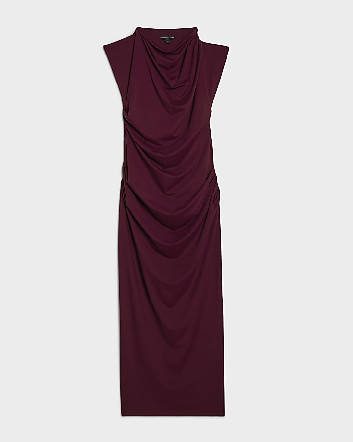 Red Sleeveless Ruched Midi Dress