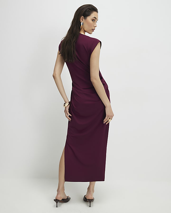 Red Sleeveless Ruched Midi Dress