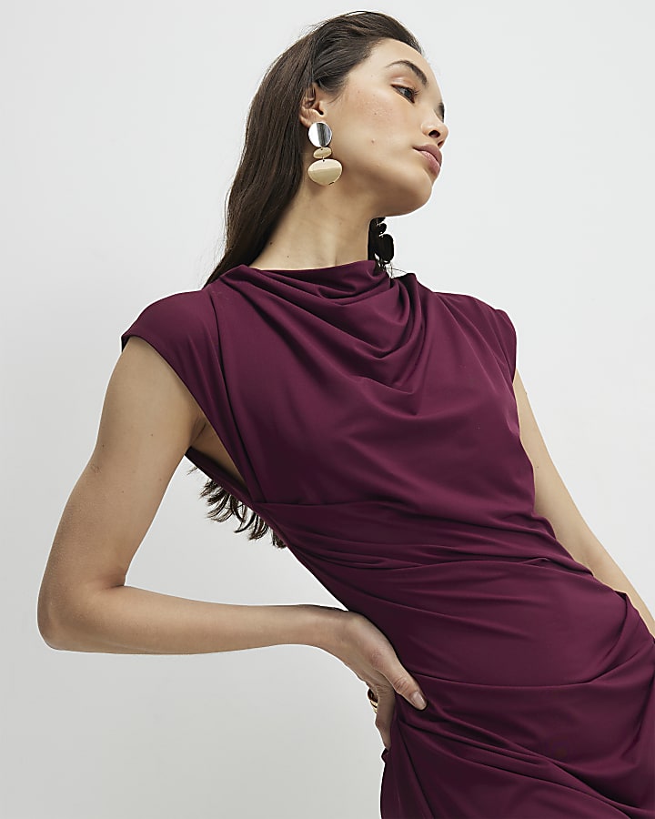 Red Sleeveless Ruched Midi Dress