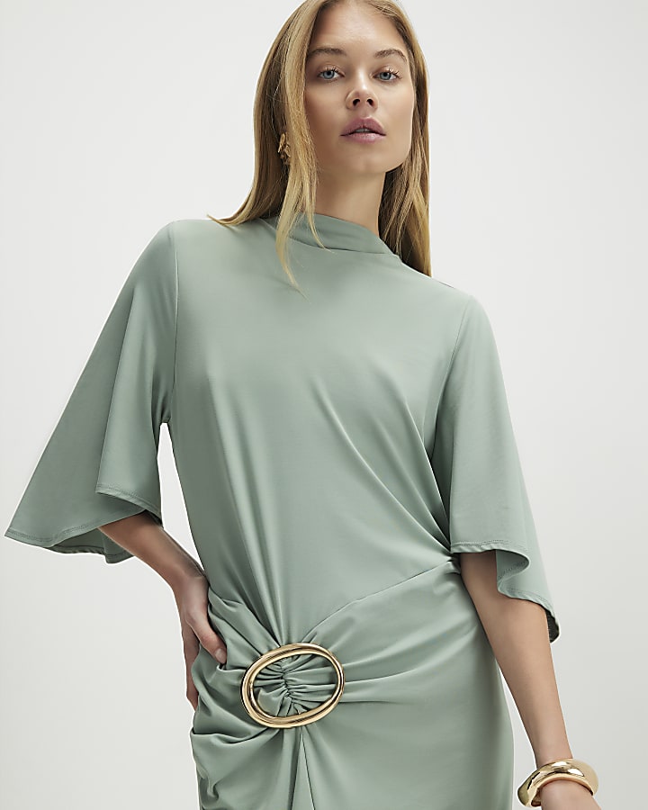 Green Gold Buckle Midi Dress