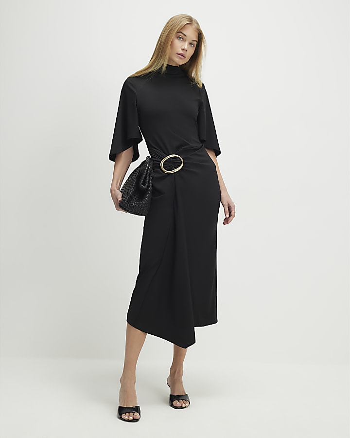 Black Gold Buckle Midi Dress