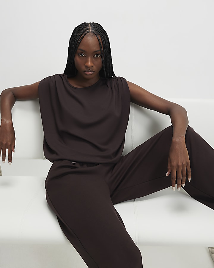 Brown Premium Short Sleeve Bubble Hem Top