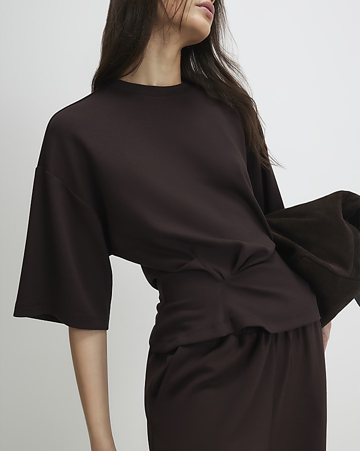 Brown Premium Short Sleeve Tuck Side Top