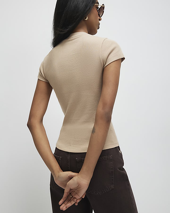 Beige Fitted Rib T-Shirt