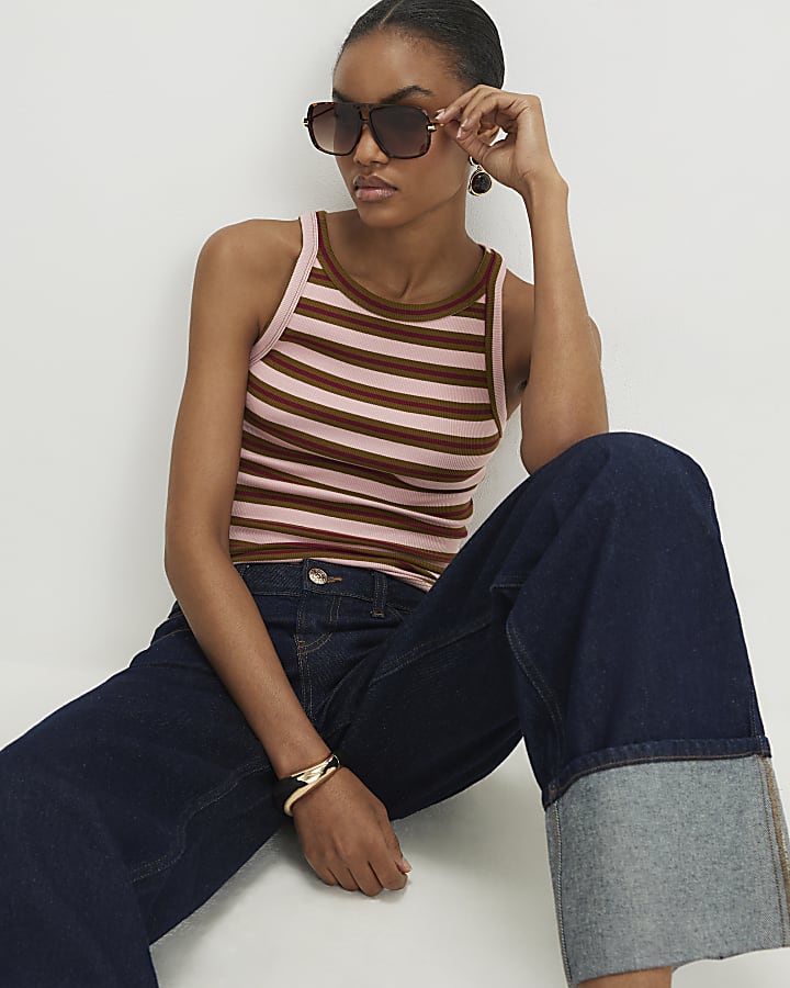 Pink Stripe Ribbed Strappy Cami