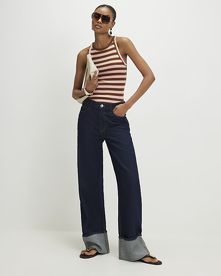 Pink Stripe Ribbed Strappy Cami