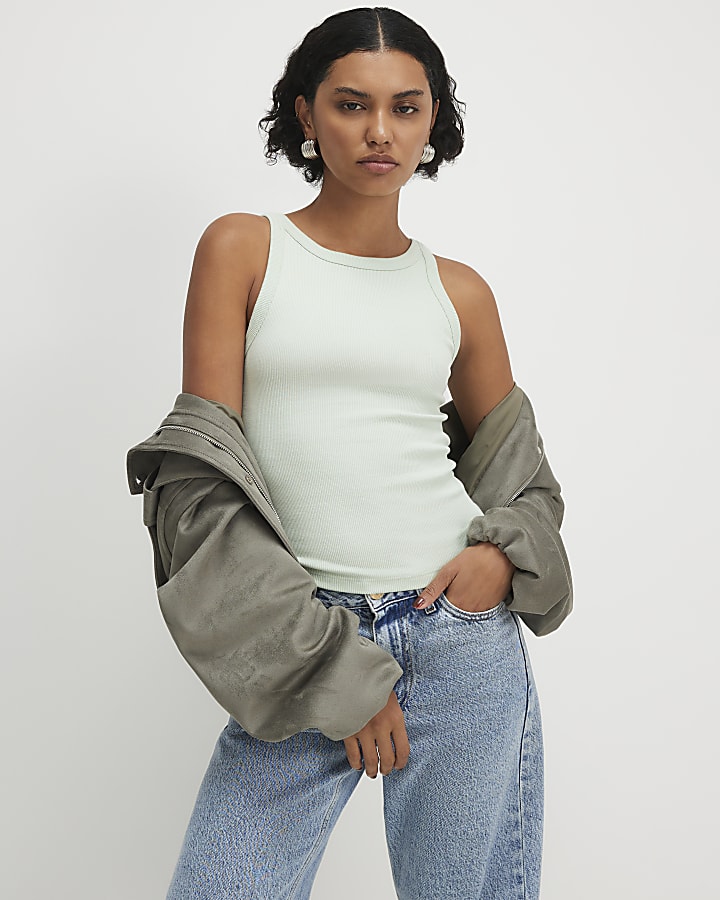 Green Ribbed Sleeveless Cami Top