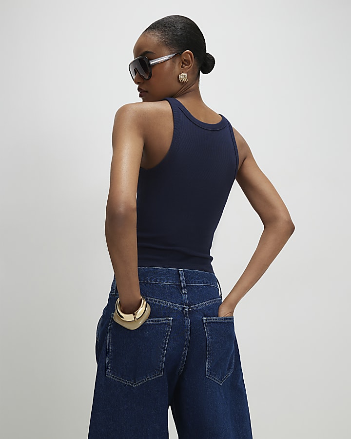 Navy Ribbed Sleeveless Cami Top