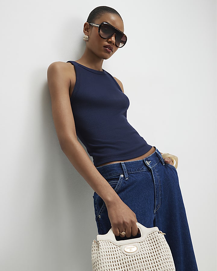 Navy Ribbed Sleeveless Cami Top