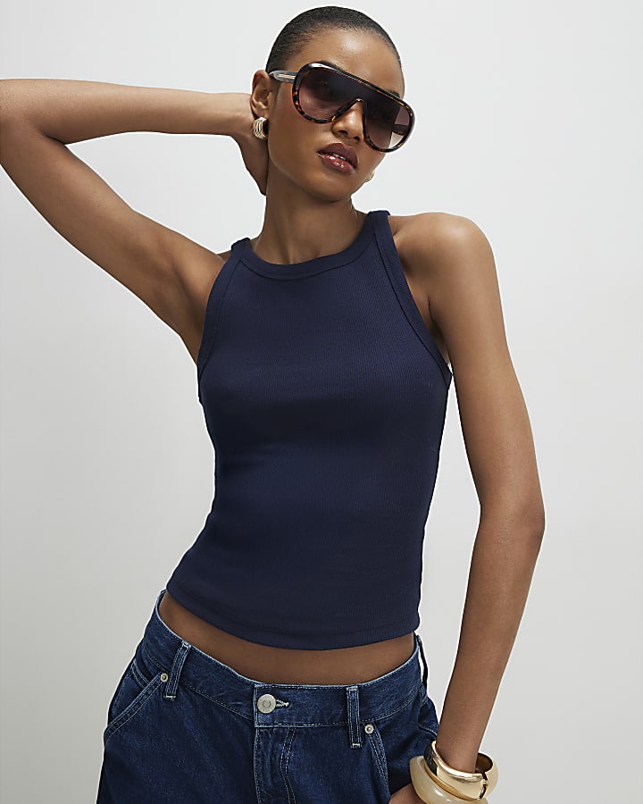 Navy Ribbed Sleeveless Cami Top