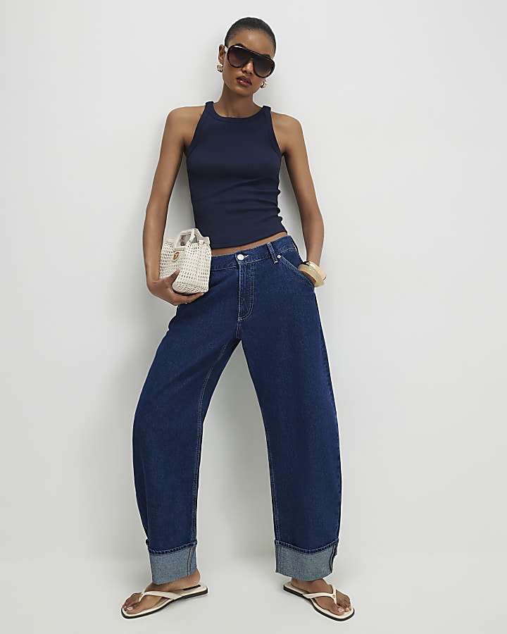 Navy Ribbed Sleeveless Cami Top