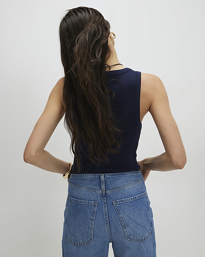 Navy Cotton Scoop Neck Vest Top