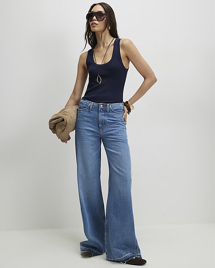 Navy Cotton Scoop Neck Vest Top