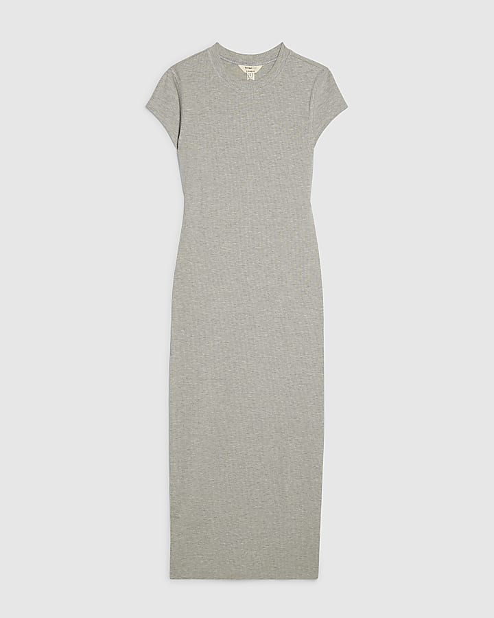 Grey Cap Sleeve Rib Midi Dress