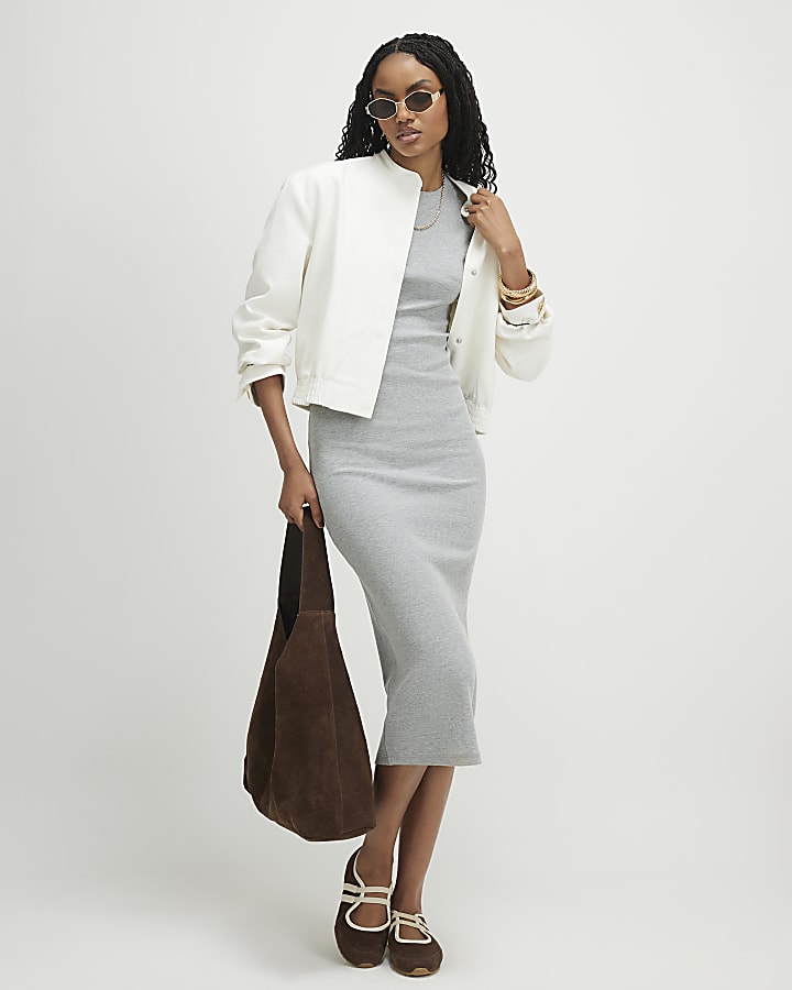 Grey Cap Sleeve Rib Midi Dress
