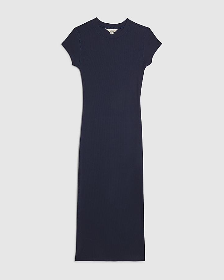 Navy Cap Sleeve Ribbed Midi Dress