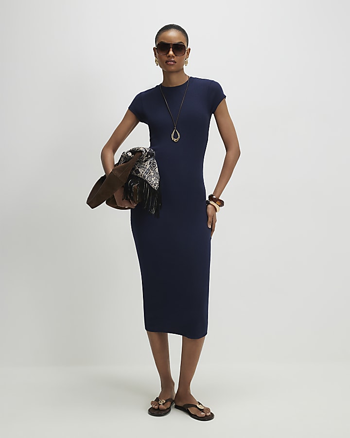 Navy Cap Sleeve Ribbed Midi Dress