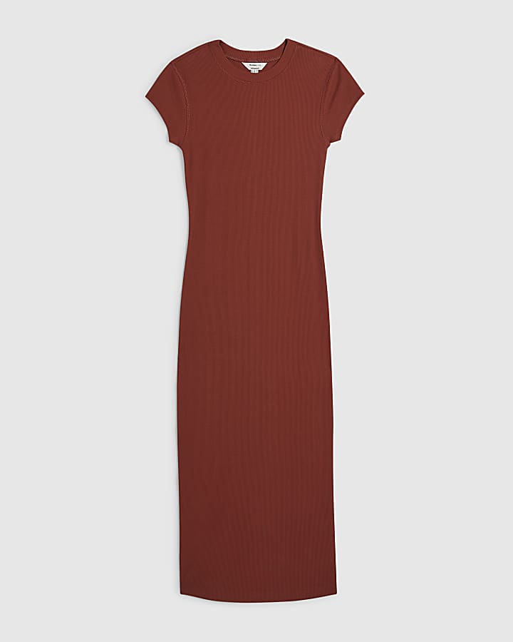 Orange Cap Sleeve Rib Midi Dress