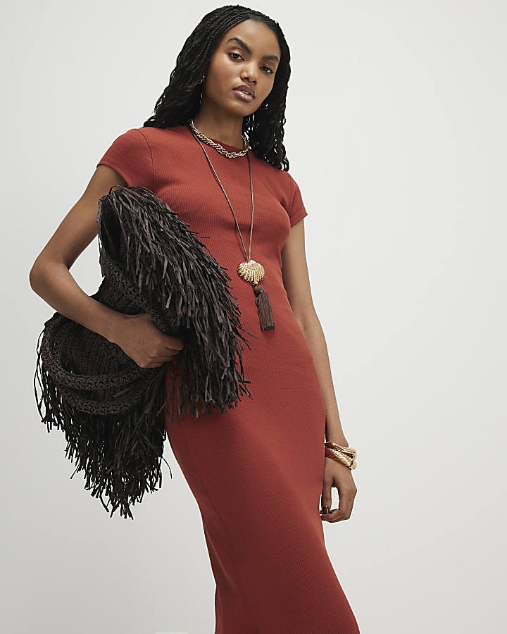 Orange Cap Sleeve Rib Midi Dress